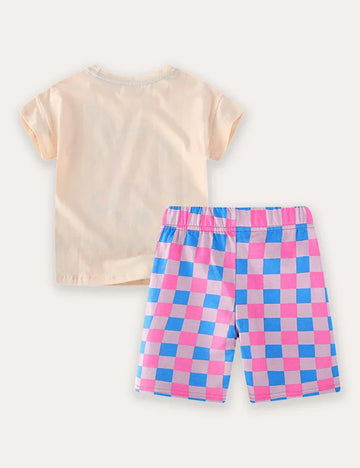 Cartoon Flower Print Short Sleeve T-Shirt and Shorts Set